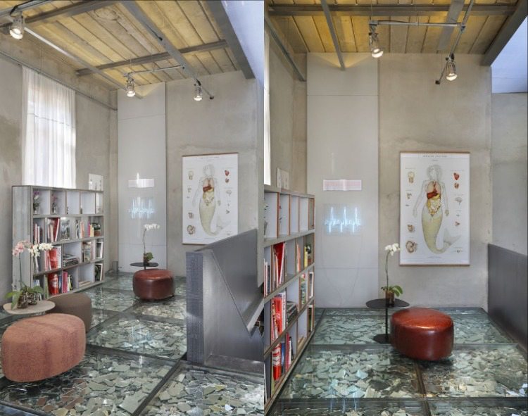 design-golv-spegel-skärvor-bibliotek-skåp-orkidéväxter