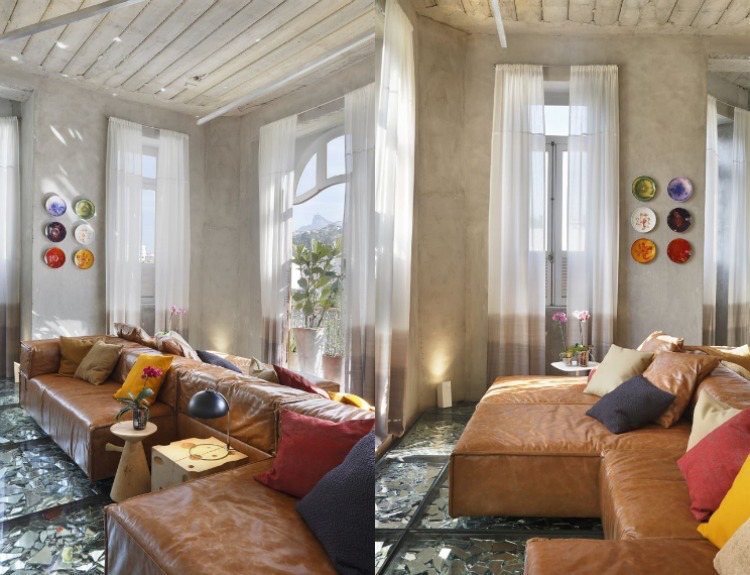 Designgolv - skärmar av spegel - skinnsoffa - brun - kuddekoration