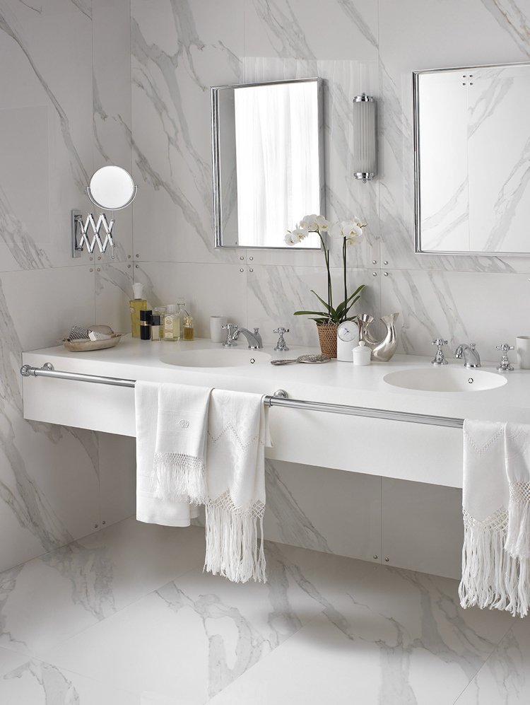 design handtvätt badrum vit marmor dubbel handfat