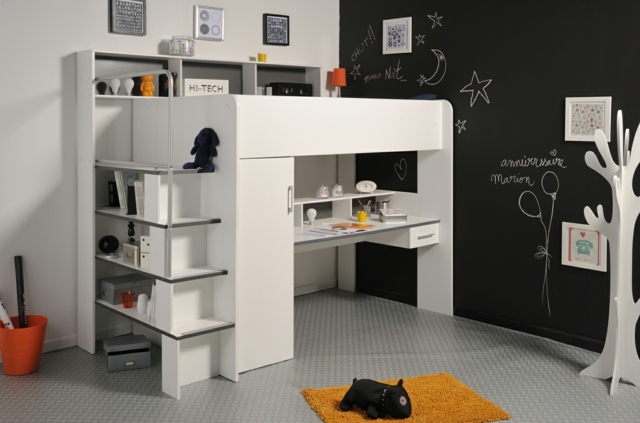 Barnrum-svart-svarta tavlan-loft säng-hyllor-väggdekoration