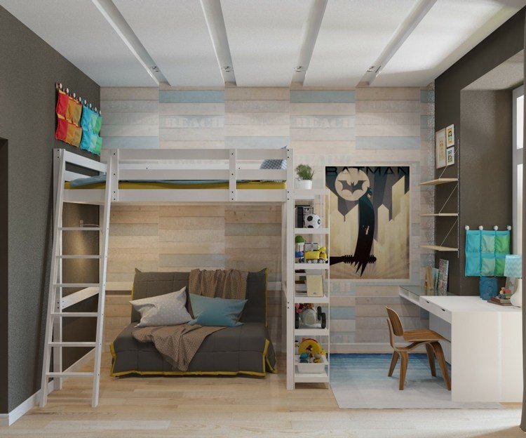 design loftsäng modern-trä-väggpanel-hyllor-soffa-skrivbord