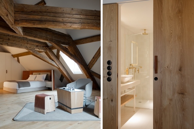 design sovrum badrum träbjälkar vita möbler