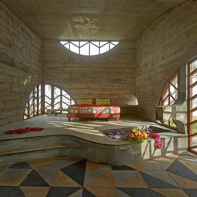 Designer villa gjord av betong-mosaik golv cement taköppningar-dubbelsäng South Pacific