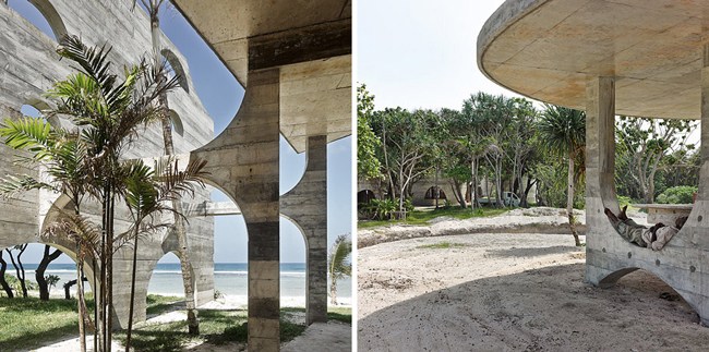 Designhotell moderna betongväggar bågar strukturer design poolområde