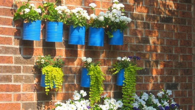Design i trädgården burkar blå blommor badkar