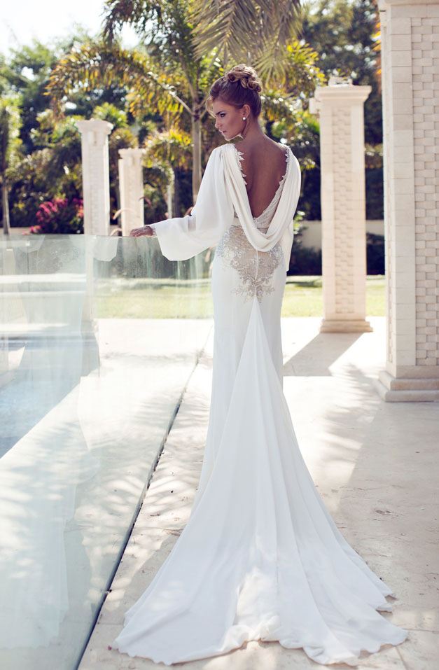 Designer bröllopsklänningar 2014 nurit-höna-elegant-vit-lång-broderad-midja-lång-ärmar