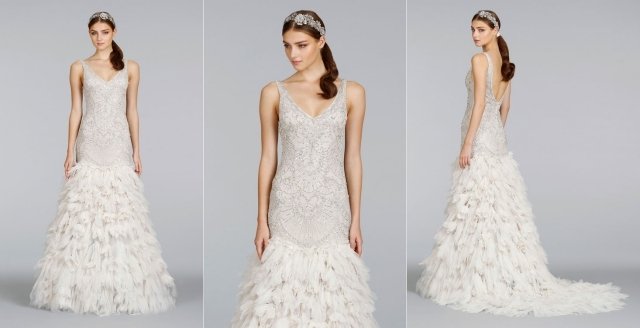 lazaro 2014 bröllopsklänning art deco design v -hals lång topp fjäderkjol