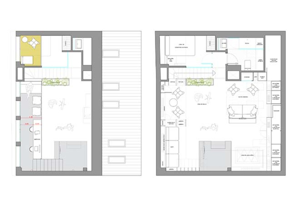 planritning av designerpenthouse med lekutrymme och nöjesområde sovrum och badrum