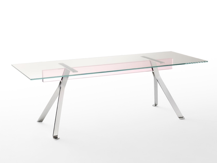 Designer glasbord smal lång transparent bordsskiva metall tvärben rosa färg accent