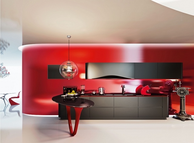 designkök med halvön matt-svart-högglans-rött-ferrari-inspirerat