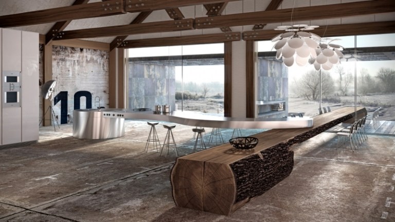 modern-kök-design-snickare kök-trädstam-rostfritt stål arbetsyta