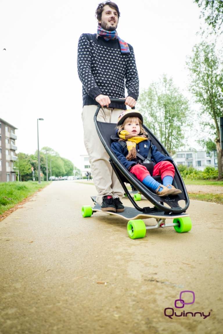 designer barnvagn cyklar grön longboard quinny