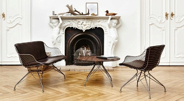 Sittgrupp lädermöbler stolar bord trä rostfritt stål