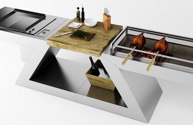 designer-multifunktionsbord-rostfritt stål-grill-kyckling-litet förvaringsutrymme