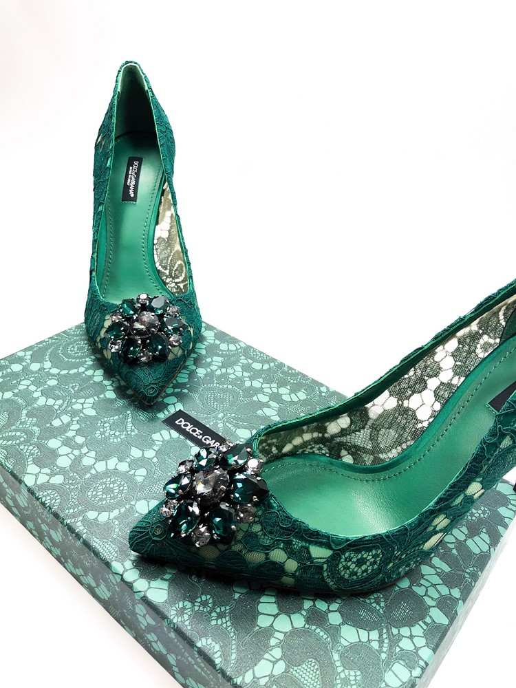 Designer skotrender pumpar smaragdgröna Dolce & Gabbana vävd tå