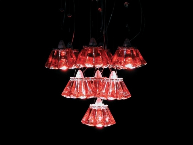 Hänglampa ljuskrona design halogenljus-Ingo Maurer röd lampglasskärm av glasflaska