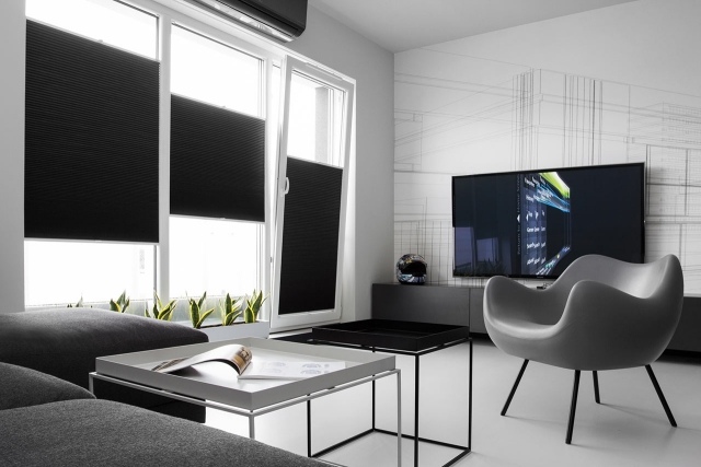 Designer lägenhet-svart vit-grå fåtölj metallram svart persienner