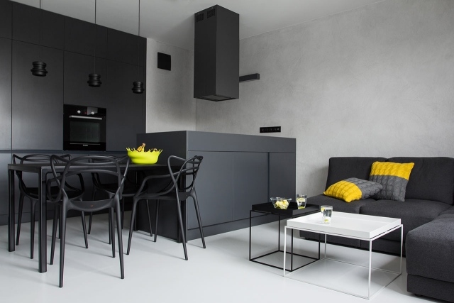 Living design sittgrupp-svart vitt soffbord rektangulärt design handtagfria fronter