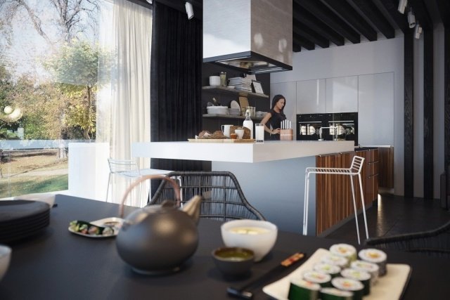 Modernt utrustat kök utan handtag inbyggda köksskåp-vita fronter