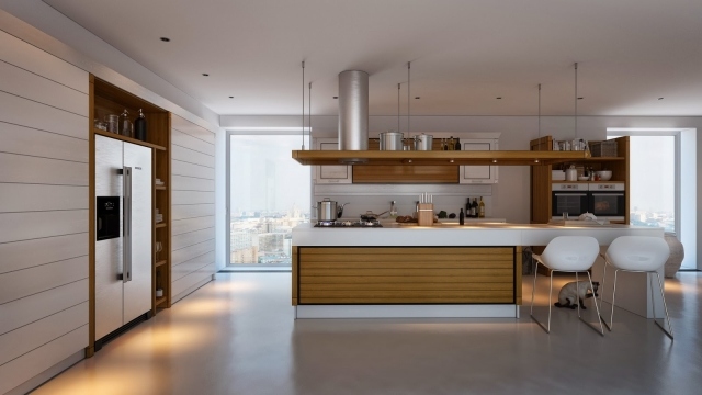 modernt kök-vita stolar-inbyggda köksskåp-kylskåp