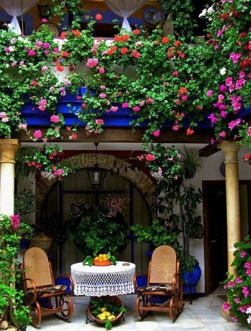 täckt veranda gungstolar blommor fasad