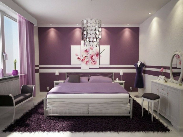 färger för sovrum lila vita accent ränder säng eleganta möbler