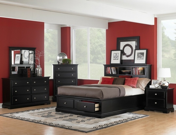 svart-grå-rött sovrum
