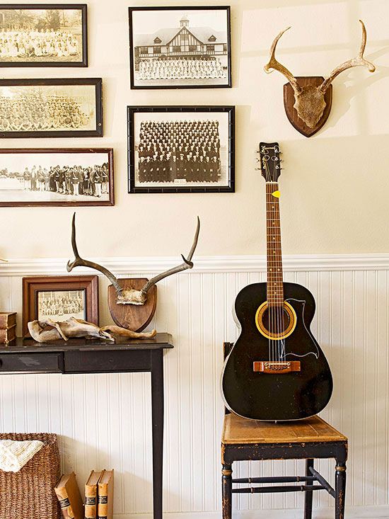 Mini rådjur gevir väggdekor-gamla fotografier-rustik gitarr dekor