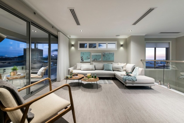 första våningen terrass dubbel soffbord matta golv färg grå