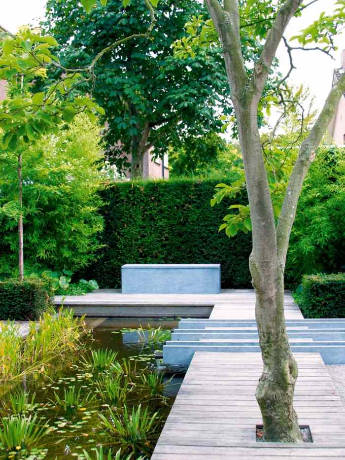 landskap design trädgård häck grön damm trä stig växter