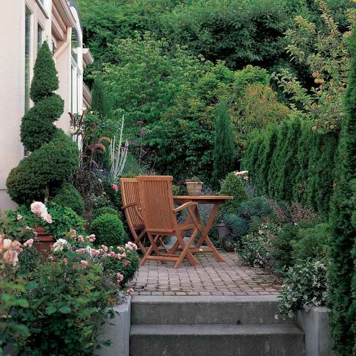 liten terrass sekretess skärm grön häck vild trädgård design stol trä