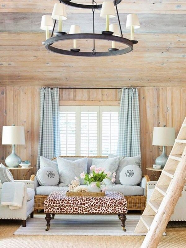 trä väggbeklädnad interiör lantlig stil ljus trä ljusblått