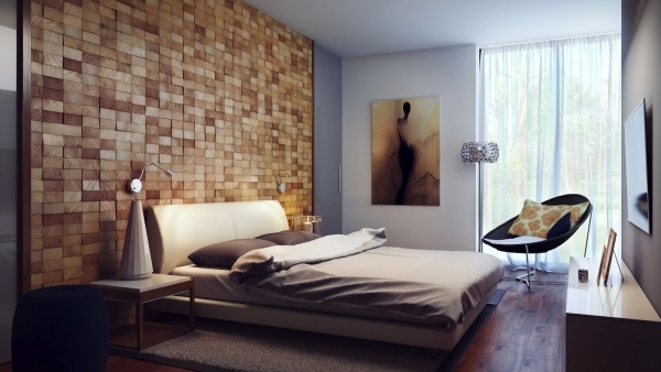 trä väggbeklädnad moderna sovrum accent vägg