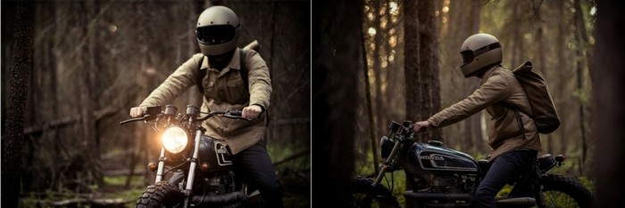 motorcyklist gå skog honda hjälm cb360