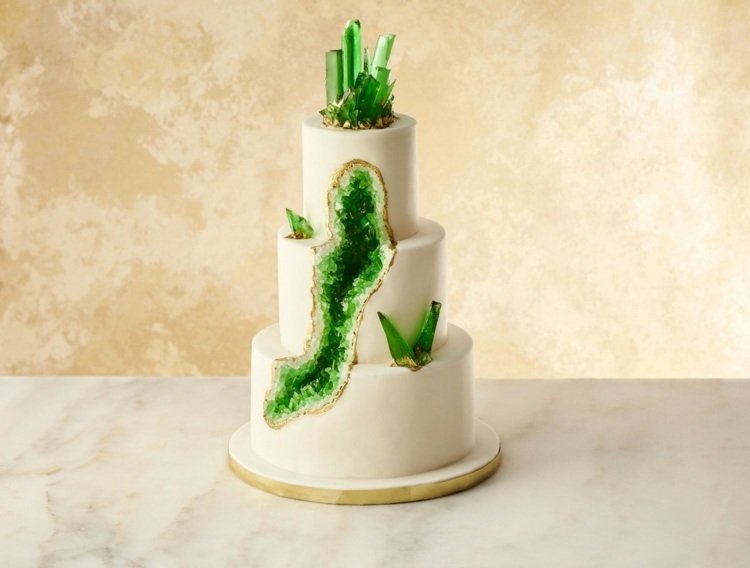 effektiva kristaller som ätbara dekorationer pryder denna bröllopstårta