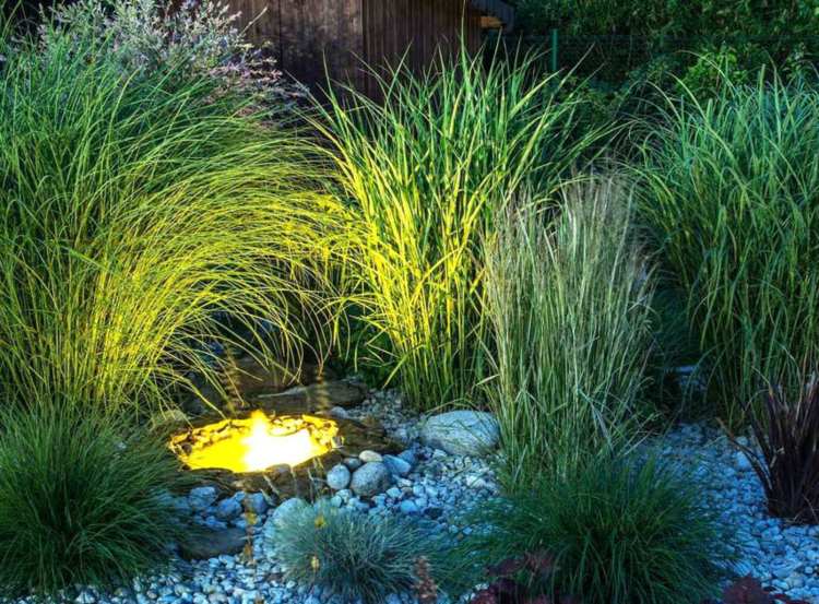 led trädgård belysning trädgård damm idéer graeser stenar