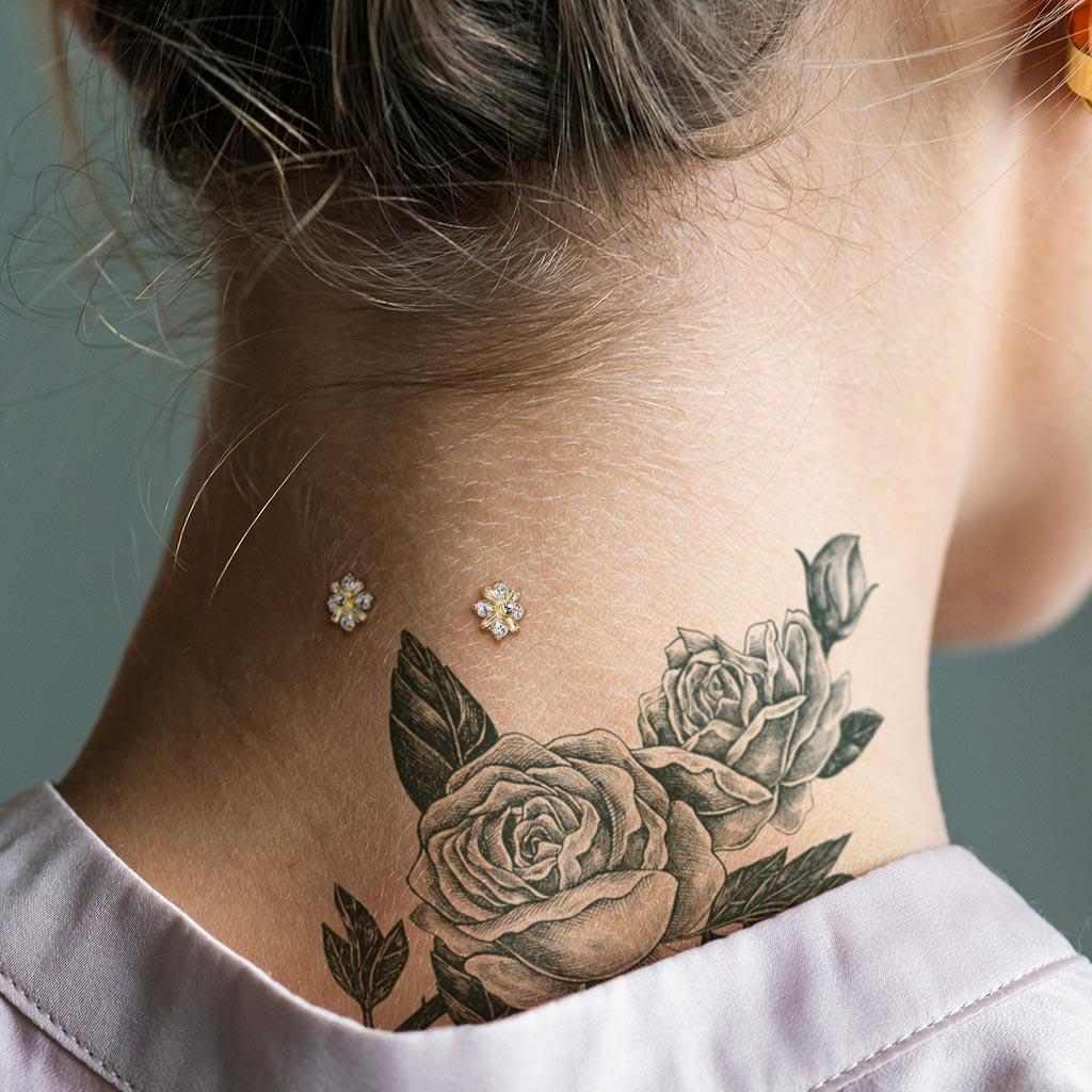 Dermal Piercing Neck Tattoo Trends Women Rose Tattoo Design IDEAS