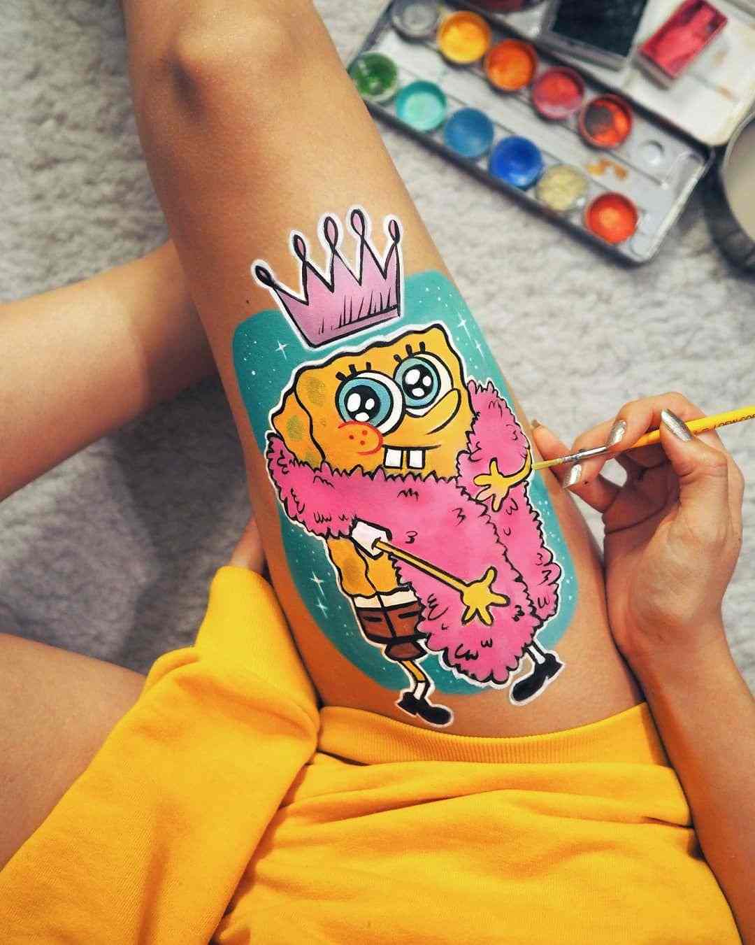 Body Art Ben Lår Tatuering Trender Svampbob Tattoo Design Kvinnor