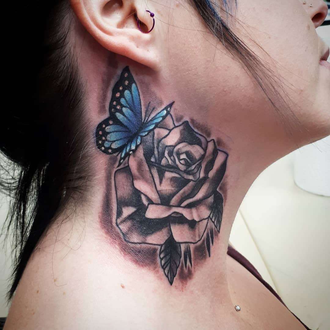 Neck Tattoo Trends 3D Tattoo Ideas Butterfly Rose Tattoo Design