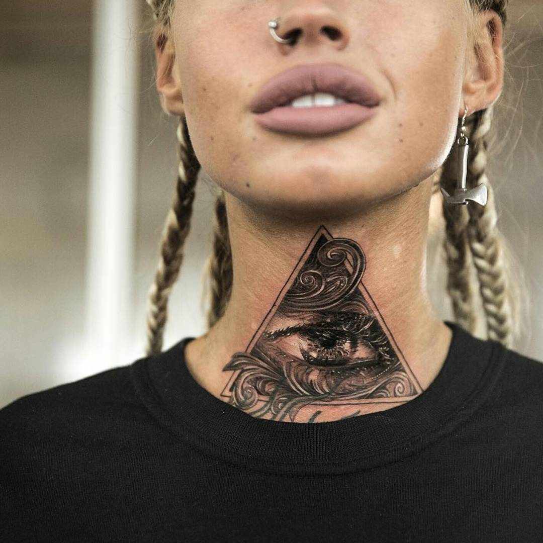 Hals tatuering trend kvinnor Illuminati triangel tatuering design