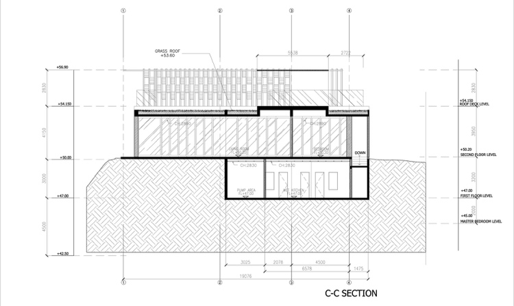 Archiketurplan Tvärsnitt av husets gräsmatta på taket