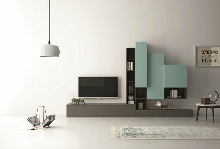 Väggenhet i vardagsrummet grå mintfärger modern tv -idé