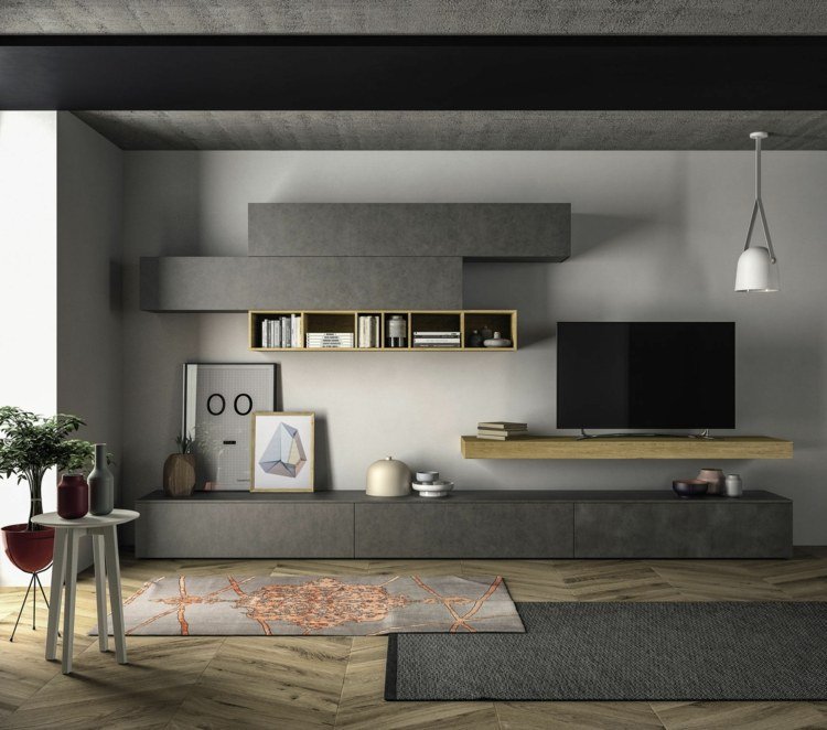 väggdel i vardagsrummet grå slank samling minimalistisk parkett