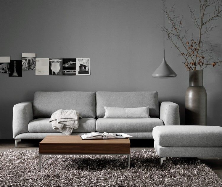Väggfärger i vardagsrummet grå-sten grå-ljus grå-soffa-trä-soffbord