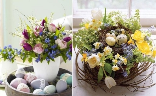 Arrangera blommor-bukett vårfärger trender färska bordsdekorationer-ägg