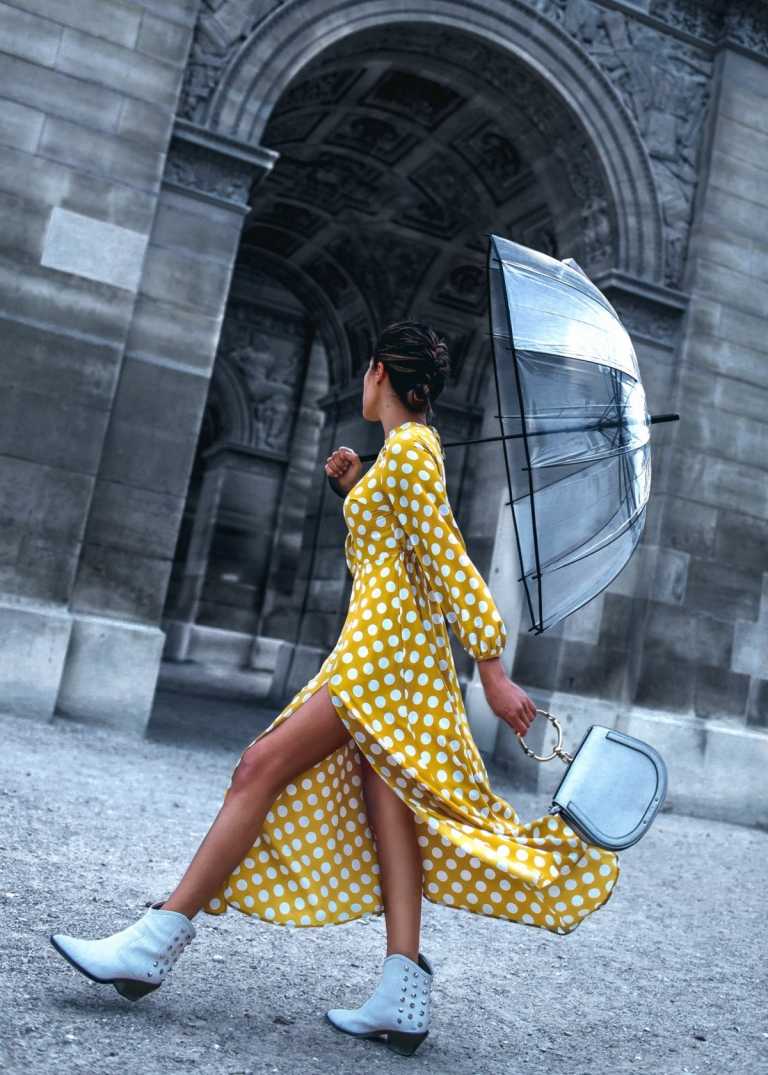 Regnkläder för kvinnor med en långärmad klänning, stövlar och ett genomskinligt paraply