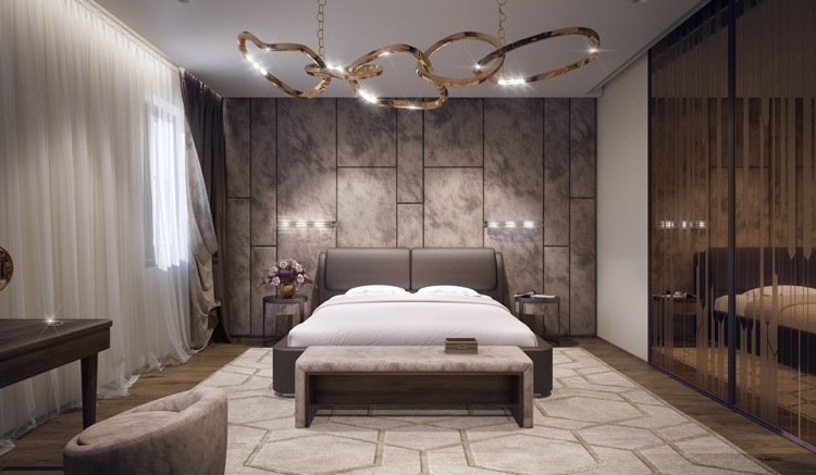 moderna sovrum bruna toner läder säng säng bänk väggpaneler