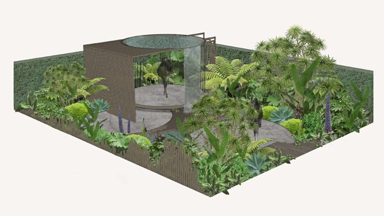 Trädgårdsskiss runda betongplattor aluminium pergola vatten funktion