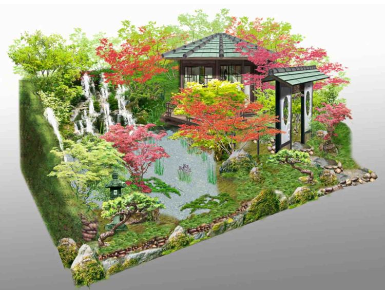 Japansk trädgårdspaviljong dammvisualisering trädgårdselement