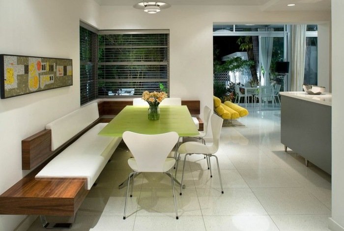 flytande bänk trä modern inredning kök grönt matbord
